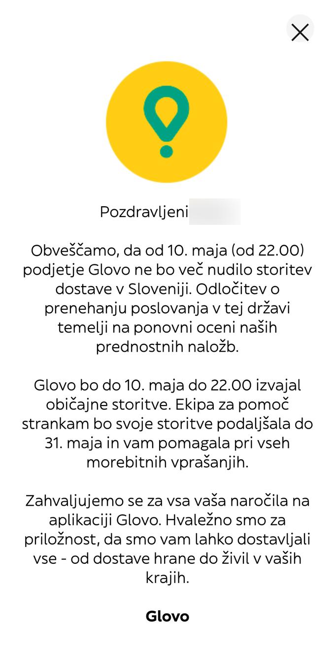 Obvestilo družbe Glovo Slovenija  | Foto: posnetek zaslona