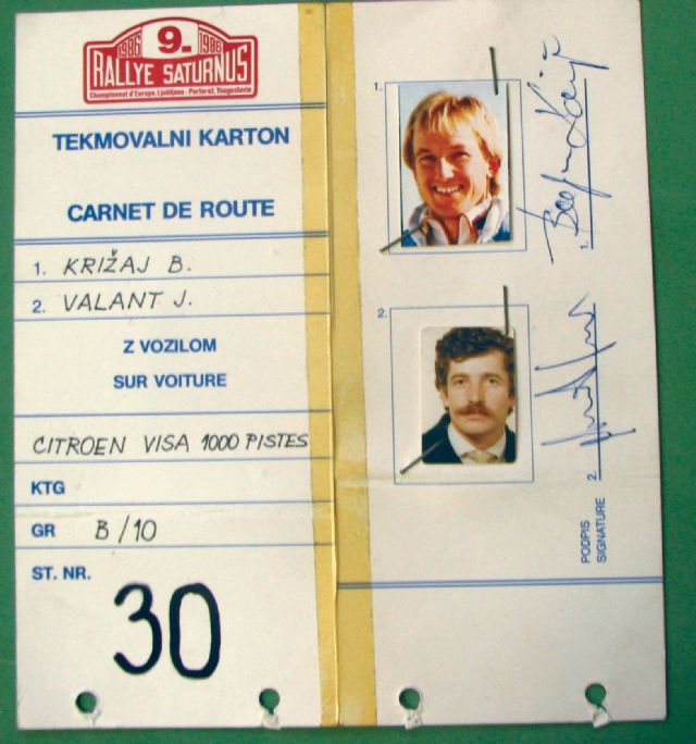 Tekmovalni karton Bojana Križaja z relija Saturnus leta 1986. Njegov sovoznik je bil že pokojni Jakob Valant. | Foto: osebni arhiv Stanislav Pečar