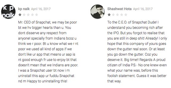 "Spoštovani gospod direktor Snapchata, morda smo revni, a imamo večje srce od vas. Od indijskih uporabnikov si ne zaslužite spoštovanja." Te in mnoge druge "ocene" aplikacije Snapchat je v zadnjih dneh mogoče zaslediti na Google Playu in iTunesu oziroma Applovem App Storu. | Foto: Facebook