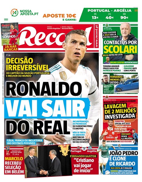Takšna je današnja naslovnica portugalskega Recorda. | Foto: Printscreen Zimbio