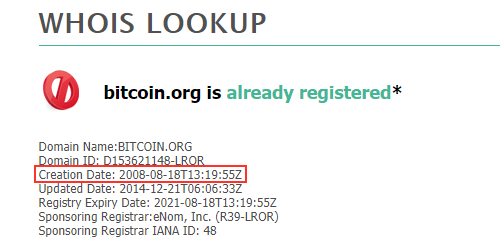 Dokaz, da je Satoshi Nakamoto na bitcoinu delal že avgusta 2008, je tudi datum prve registracije internetne domene bitcoin.org - 18. avgust 2008.  | Foto: Matic Tomšič / Posnetek zaslona