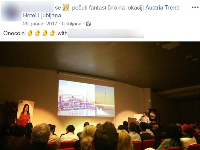 Objava na družbenem omrežju Facebook z novačenja novih članov za OneCoin v enem od ljubljanskih hotelov.  | Foto: Matic Tomšič / Posnetek zaslona
