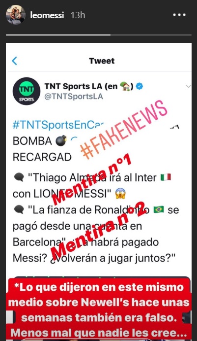 Lionel Messi je novici, ki ju je objavil TNT Sports, označil za lažni. | Foto: Instagram & Imdb