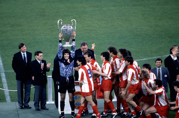 Nogometaši Crvene zvezde z velikim pokalom za naslov evropskega prvaka v Bariju leta 1991. | Foto: Getty Images