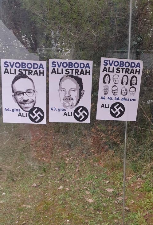 Sporni plakati s fotografijami poslancev SMC in poslanca DeSUS Branka Simonoviča | Foto: Bralec Omar Hanuna