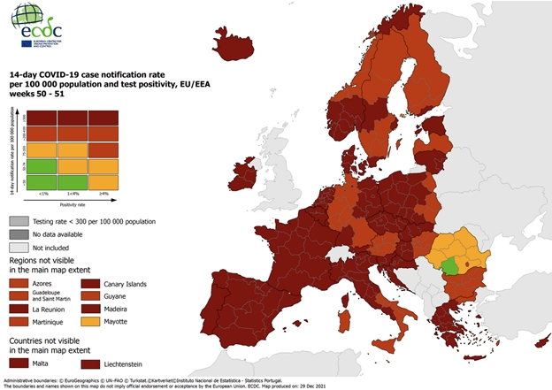 Omikron ima največje zasluge, da je na najnovejšem evropskem epidemičnem zemljevidu skoraj vsa celina obarvana temno rdeče.  | Foto: ecdc.europa.eu