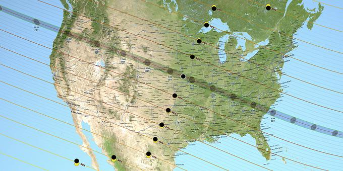 Črn pas označuje "pot" popolnega sončnega mrka čez Združene države Amerike. Z vsako črto navzgor in navzdol od črnega pasu se je vidna prekritost Sonca z Luno zmanjšala za 10 odstotkov.  | Foto: NASA