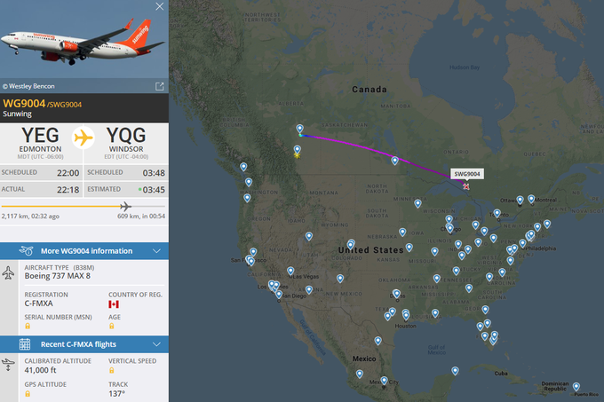 Kanadski minister za promet je v sredo opoldne rekel: "Nad Kanado, v Kanado ali iz nje do nadaljnjega ne sme leteti več noben boeing 737 max 8 ali max 9." Danes zjutraj po našem času oziroma ponoči po kanadskem času se njegova prepoved še ni čisto uresničila, ta polet iz Edmontona v Windsor je namreč opravljal prav boeing 737 max 8. | Foto: Matic Tomšič / Posnetek zaslona