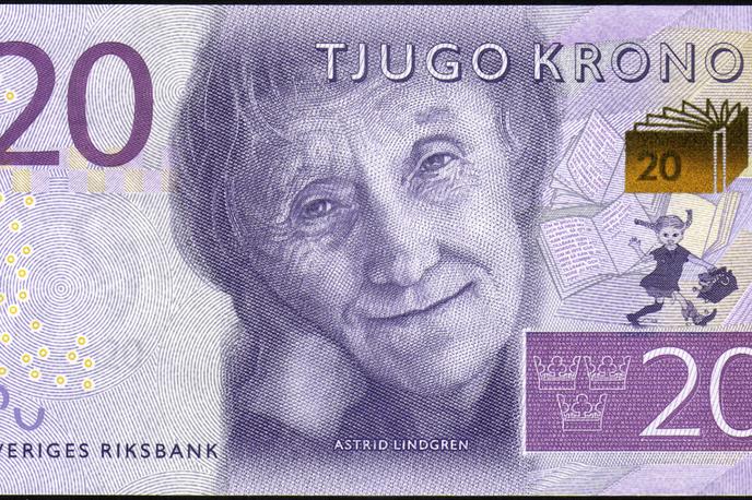 Astrid Lindgren, švedska krona | Astrid Lindgren in Pika Nogavička na bankovcu za 20 švedskih kron | Foto Sveriges Riksbank