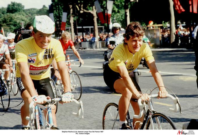 Stephen Roche (levo) je leta 1987 navdušil Irce. Najprej s hrabrim vzponom na La Plagne, za konec in zmago pa še na kronometru. | Foto: Reuters