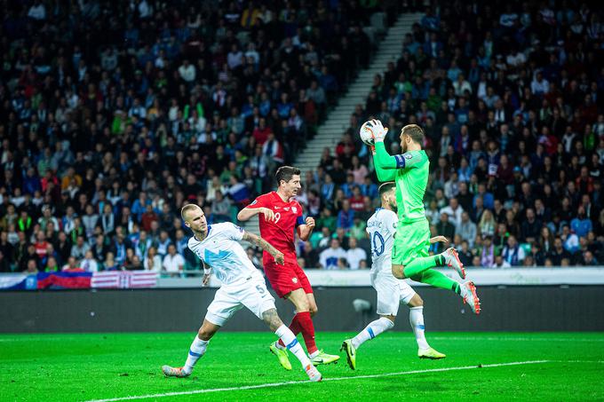 Slovenski igralci so odlično ustavili golgeterja Bayerna in najboljšega strelca v zgodovini Poljske Roberta Lewandowskega. | Foto: Grega Valančič/Sportida