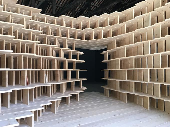 Instalacija je narejena iz lesa kot najbolj reprezentativnega vira materiala v Sloveniji. Poudarja njegov premalo izkoriščeni potencial kot gradbeni material za individualne in kolektivne stanovanjske enote.   | Foto: 