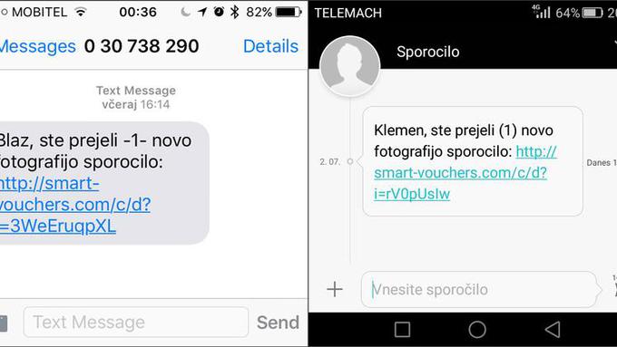 Še dve obliki goljufivih sporočil, ki jih pogosto prejemajo slovenski uporabniki pametnih telefonov. | Foto: Varni na internetu | Foto: 