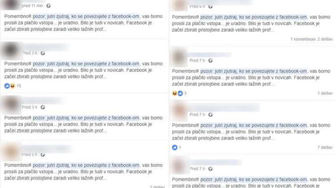 Po Facebooku tudi med slovenskimi uporabniki že dolgo kroži verižna objava, ki širi lažno vest, da bo Facebook kmalu plačljiv, če uporabniki objave ne bodo delili na svojih profilih. Čeprav to še vedno ni res, je Facebookova zamenjava slogana s tega vidika povzročila vsaj malo negotovosti, ki bo trajala vsaj tako dolgo, dokler Facebook spremembe ne naslovi javno. | Foto: Matic Tomšič / Posnetek zaslona