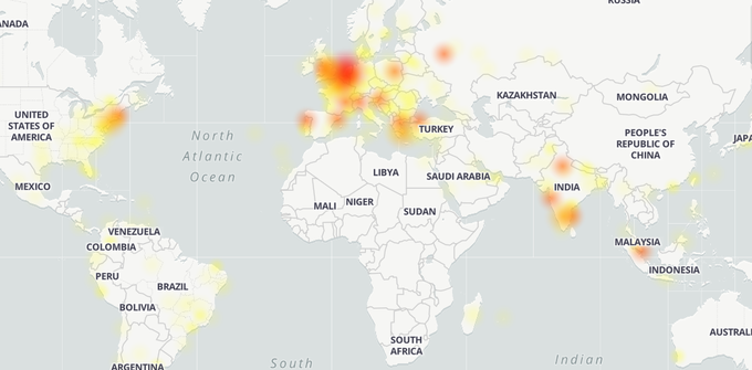 Zemljevid prikazuje območja, kjer so uporabniki poročali o motenem delovanju Instagrama. | Foto: Downdetector.com