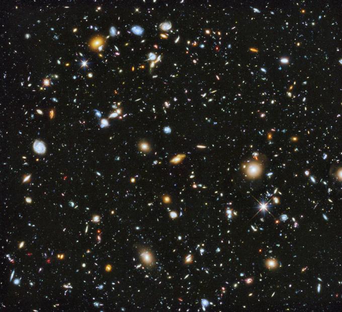 Število vseh zvezd v vseh galaksijah v vidnem vesolju (to je prostor, kamor še lahko vidimo z najboljšimi teleskopi) znanstveniki medtem ocenjujejo na od 1022 do 1024. To pomeni, da je za naključno zrno peska s katere koli plaže na Zemlji tam zunaj nekaj tisoč zvezd, okrog katerih morda krožijo Zemlji podobni planeti. Tale fotografija je sicer Hubblovo globoko polje, skoraj vsaka svetla packa na njej pa je galaksija s stotinami milijard zvezd. | Foto: Reuters
