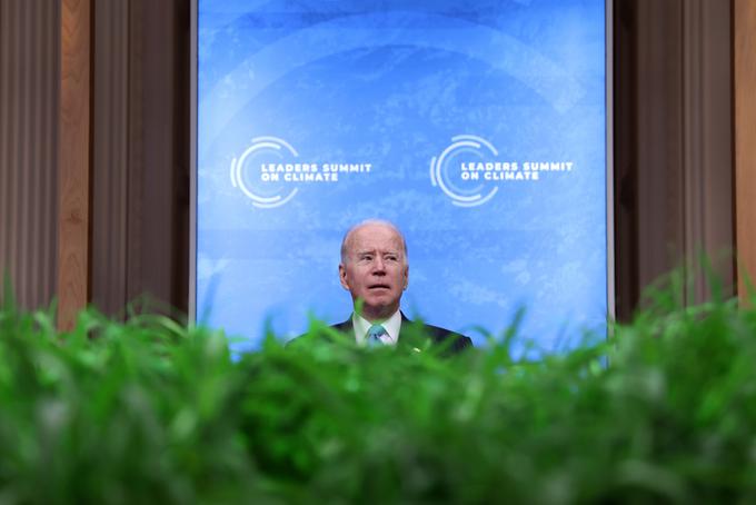 Ameriški predsednik Joseph (Joe) Biden na virtualni konferenci o podnebju 23. aprila, na kateri je sodelovalo 40 povabljenih svetovnih voditeljev. | Foto: Reuters