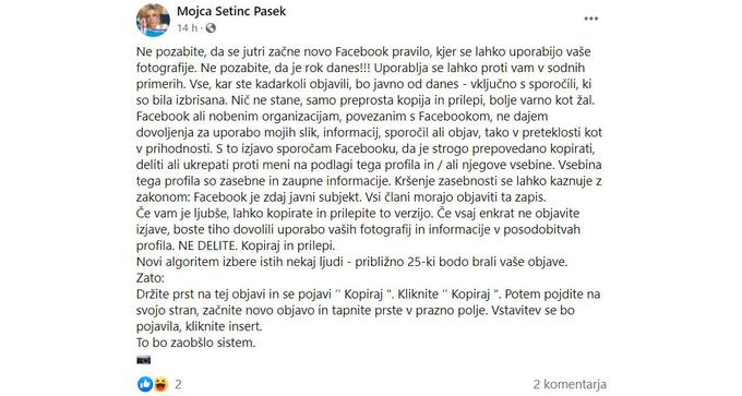 Zapis je na svojem profilu na družbenem omrežju Facebook v torek javno delila tudi novinarka Radiotelevizije Slovenija Mojca Šetinc Pašek. | Foto: Matic Tomšič / Posnetek zaslona