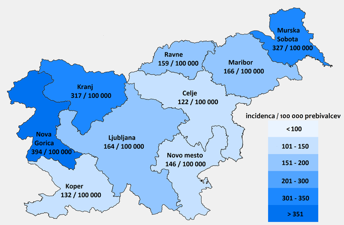 Incidenčne stopnje prijavljenih primerov lymske borelioze po zdravstvenih regijah v Sloveniji v obdobju od 1. 1. 2019 do 31. 12. 2019 | Foto: NIJZ