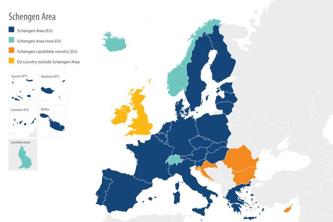 Sedanji obseg šengenskega območja: sedanje članice so označene svetlo in temno modro, kandidatke oranžno.  | Foto: Evropski parlament