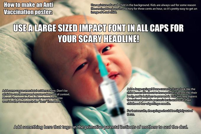 Objave, ki na spletu širijo propagando proti cepljenju, pogosto vključujejo fotografijo jokajočega otroka, injekcijo, nekaj "dokazov" in strašljivo sporočilo o posledicah cepljenja, namenjeno staršem.  |  Foto: Something Awful / Facebook | Foto: 