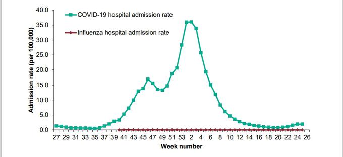 Hospitalizacija zaradi covida-19 (in gripe) v Angliji. Učinek cepljenja je očiten: ob lanskem zimskem valu, ko cepiv še ni bilo, je delež hospitaliziranih zvesto sledil trendom števila obolelih. Ob zdajšnji razmeroma strmi rasti obolelih pa je krivulja obolelih bistveno bolj položna. | Foto: gov.uk