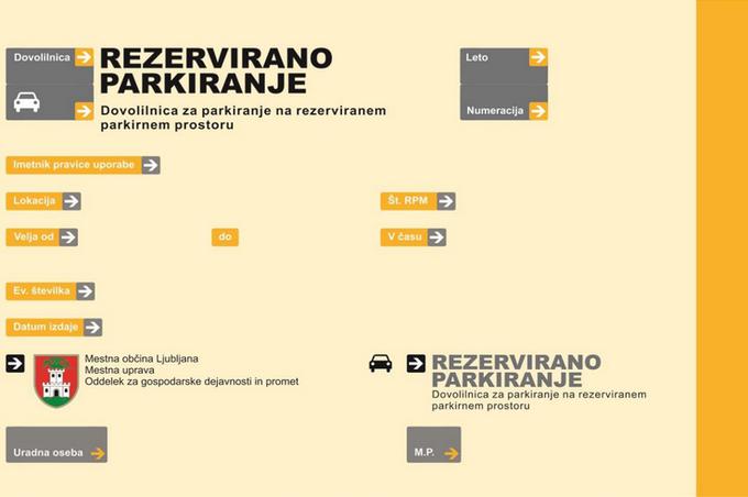 Primer dovolilnice za parkiranje na rezerviranih parkirnih mestih, kakršna sodijo tudi v sistem souporabe avtomobilov. Kdor take dovolilnice nima v avtomobilu (na vidnem mestu), tvega globo 40 evrov. | Foto: 