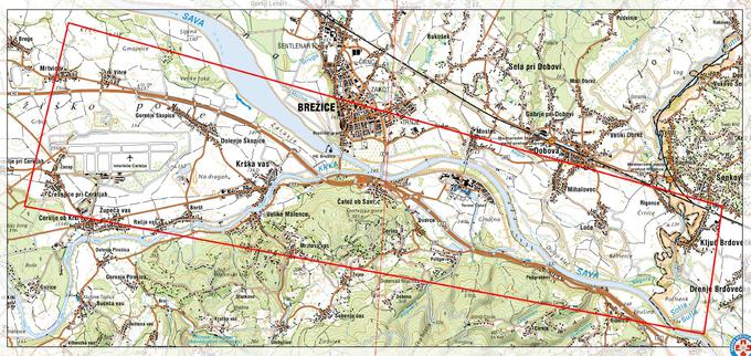 Zemljevid št. 2: pravokotnik določa začetno območje možnega padca meteorita. Slika dokumenta PDF, ki ga je izdelal sarOS™. Vir zemljevidov: GURS 2019. | Foto: Dušan Peček