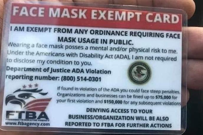 Maska | Napis na izkaznici med drugim pojasnjuje, da nosilca kartice ščiti ameriški zakon o invalidnosti, in grozi, da bo tisti, ki bo dvomil o legitimnosti izkaznice, plačal visoko globo ter da bo prijavljen agenciji FTBA.   | Foto Pravosodno ministrstvo ZDA