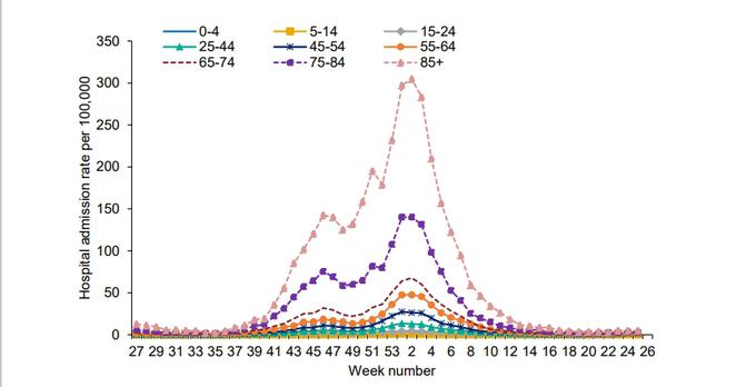 Hospitalizacije v Združenem kraljestvu zaradi covida-19 po tednih in starostnih skupinah. V zimskem valu, ko cepiv še ni bilo, so daleč največji delež hospitaliziranih pomenili najstarejši, ki so tudi najbolj tvegana skupina. Zdaj jih s precepljenostjo, ki je v Združenem kraljestvu dovolj visoka za zagotavljanje skupinske imunosti, med že tako manjšim številom obolelih ob trenutni rasti skorajda ni. | Foto: gov.uk