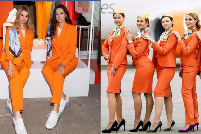 stevardese, Ukrajina | Stevardese ukrajinske letalske družbe SkyUp Airlines v novi (levo) in stari (desno) uniformi. | Foto Twitter/Instagram