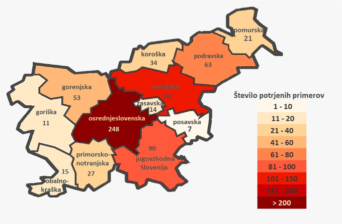 Število obolelih po statističnih regijah. | Foto: 