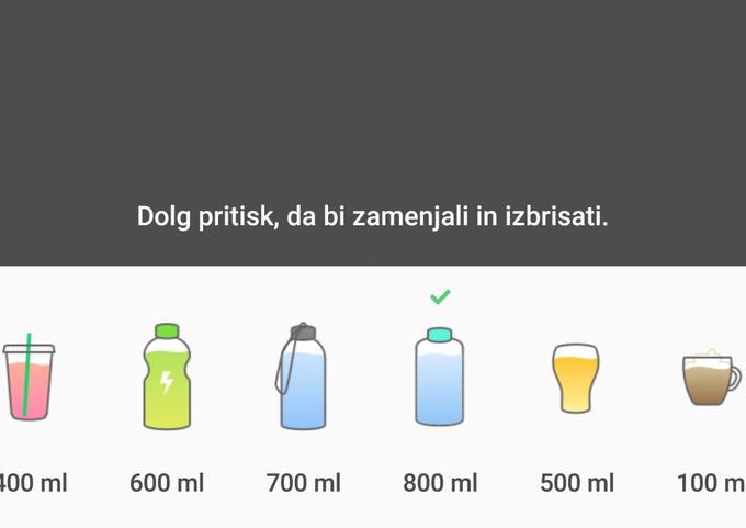 Voda ni vse, kar je mogoče "spiti" v aplikaciji Water Drink Reminder. Tu so tudi kokakola, pivo, kava ... | Foto: Matic Tomšič