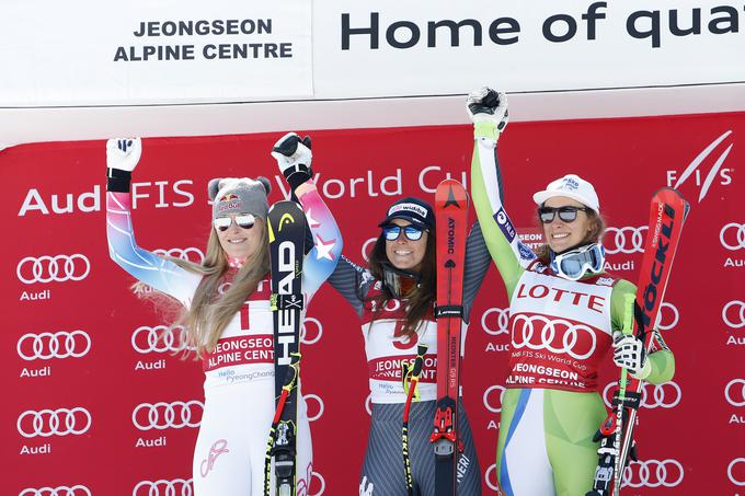 Junakinje olimpijske generalke: najboljše v superveleslalomu, najboljše v smuku (Lindsey Vonn, Sofia Goggia in Ilka Štuhec) | Foto: Getty Images