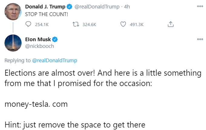 Lažni Elon Musk je v četrtek popoldne "napadel" vsak tvit predsednika ZDA Donalda Trumpa.  | Foto: Matic Tomšič / Posnetek zaslona