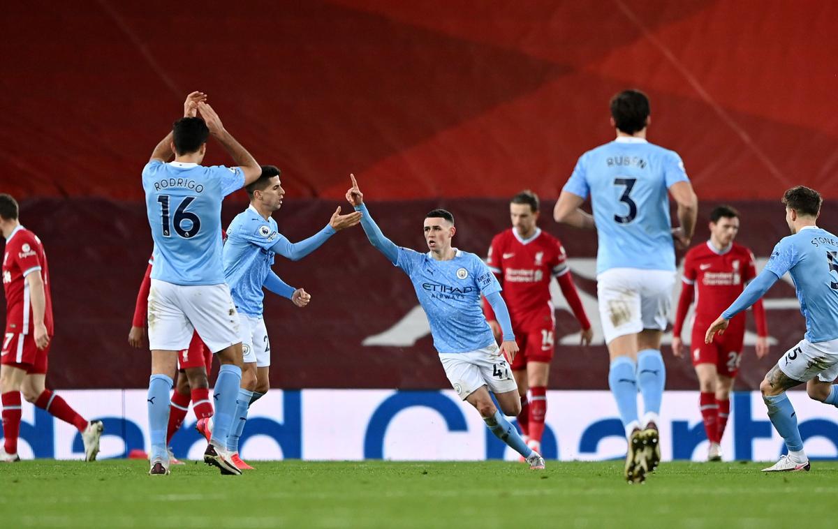 Phil Foden | Končni izid na Anfieldu je postavil mladi zvezdnik Manchester Cityja Phil Foden. | Foto Reuters