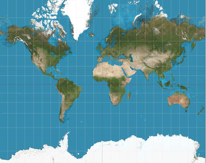 Grenlandija, na primer, je v resnici 14-krat manjša od Afrike, a je na zemljevidu videti podobno velika. Evropa je po površini skoraj dvakrat manjša od Južne Amerike, a je na Merkatorjevi projekciji na račun Skandinavije videti res ogromna. Tudi Islandija ni tako velika kot otok Borneo na ekvatorju (v resnici je sedemkrat manjša), da Antarktike na dnu zemljevida, ki je sicer najmanjša od vseh celin, sploh ne omenjamo. | Foto: Thomas Hilmes/Wikimedia Commons