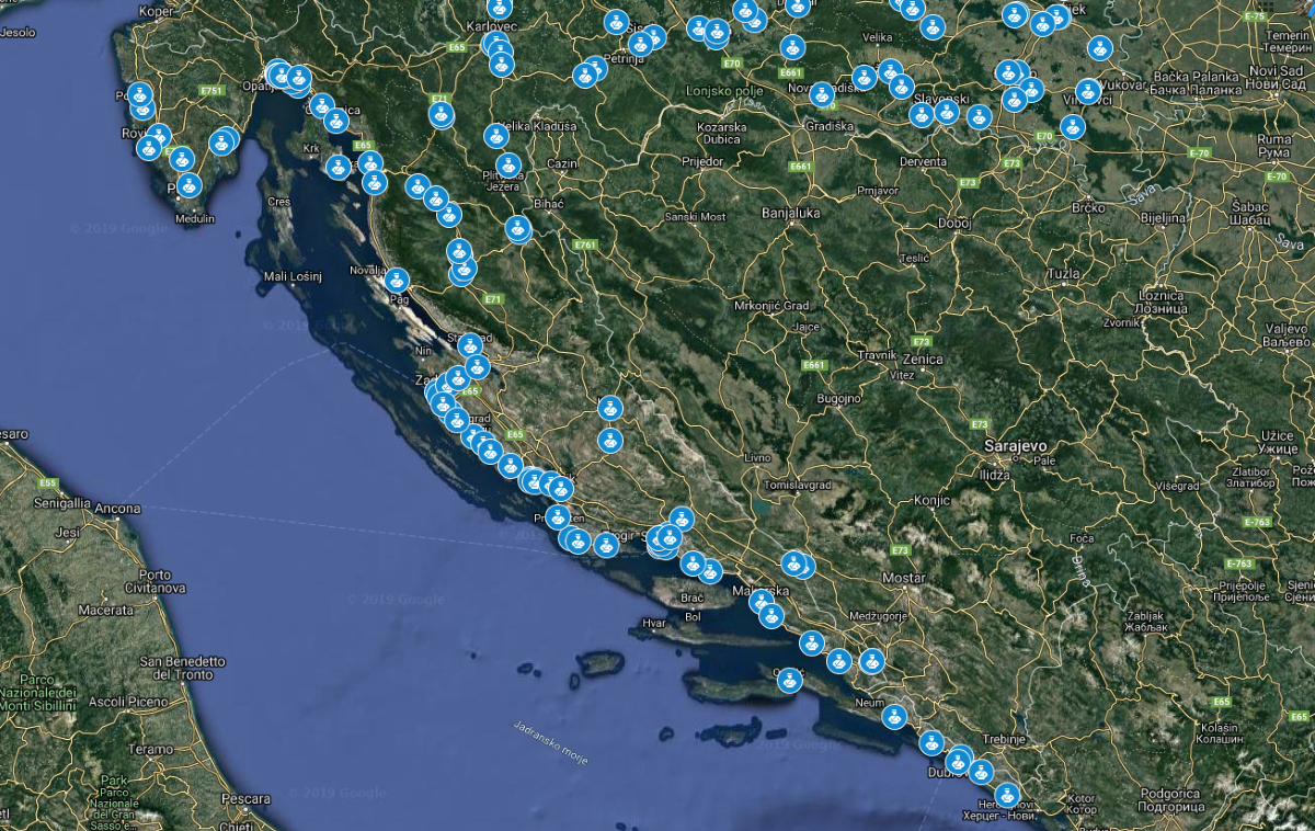 Radar, Google Maps | Znane lokacije radarjev na Hrvaškem. Povezavo do zemljevida najdete v uvodu v članek (spodaj) s klikom na "znane lokacije radarjev". | Foto Google Zemljevidi