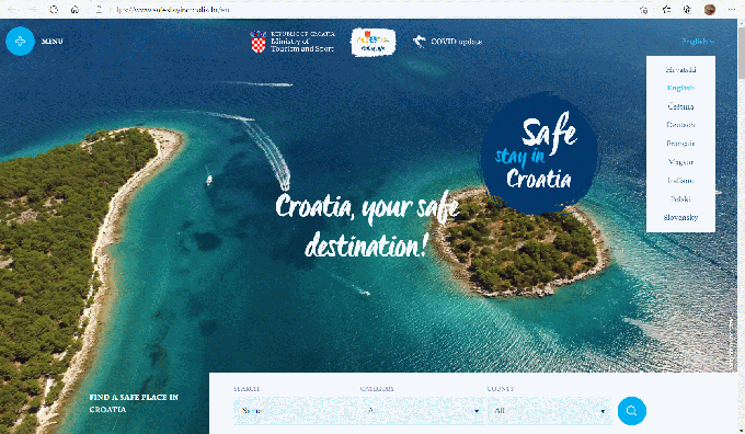 Spletna stran kampanje Safe Stay in Croatia je na voljo v devetih jezikih, a ne tudi v slovenščini - najverjetneje zaradi zmotne predpostavke, da vsi v Sloveniji obvladajo vsaj osnove hrvaščine, kar zlasti za mlade ni več samoumevno. | Foto: S. C. (zajem zaslona)