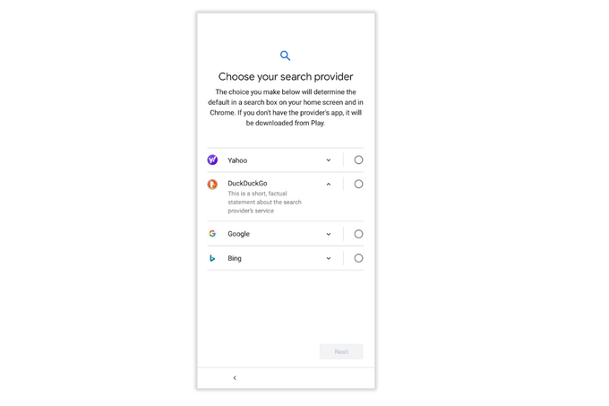 Takole bo videti novi zaslon za izbiro ponudnika iskanja, ki ga bodo kupci novih telefonov z Androidom videli ob prvem nastavljanju naprave. | Foto: Google