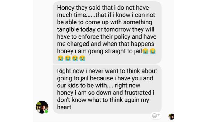 Če denarja ne bo zbral, ga bodo poslali v zapor in nikoli se ne bosta videla, saj on v zaporu ne more preživeti, je potožil bralki.  | Foto: Facebook