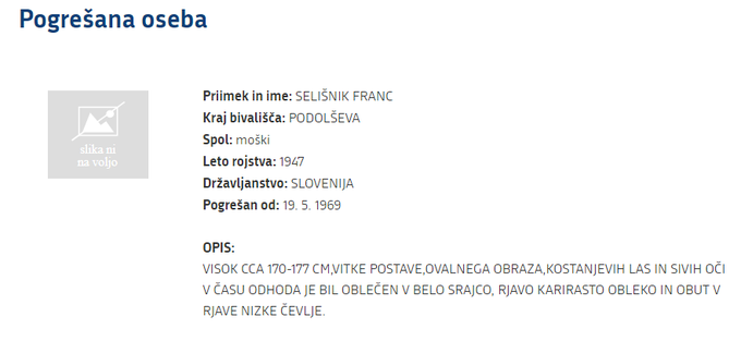 Na seznamu pogrešanih oseb je samo opis Franca Selišnika, ne pa tudi njegova fotografija. Foto: zajet zaslon | Foto: 