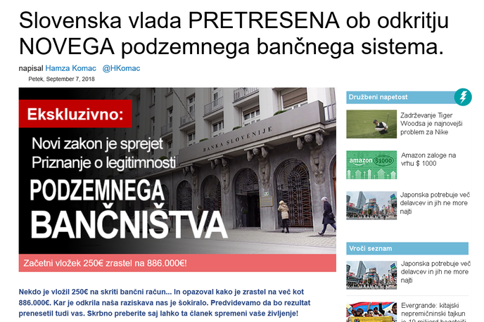 Članek prevara | Članek v vodu omenja novi zakon in prikazuje fotografijo sedeža Banke Slovenije, a o tem zakonu v nadaljevanju članka nato več ne moremo prebrati ničesar. | Foto Matic Tomšič / Posnetek zaslona