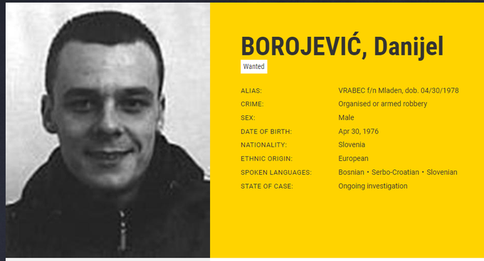Borojević je iz celjske poslovalnice Krekove banke leta 2002 odnesel kar 125 tisoč evrov. | Foto: Europol
