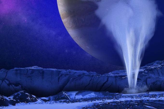Umetniška uprizoritev izbruha kriovulkana (vulkana, ki namesto lave bruha vodo in led) na površini Evrope. Po takšnih izbruhih je bolj od Evrope sicer znana Saturnova luna Enceladus. | Foto: NASA