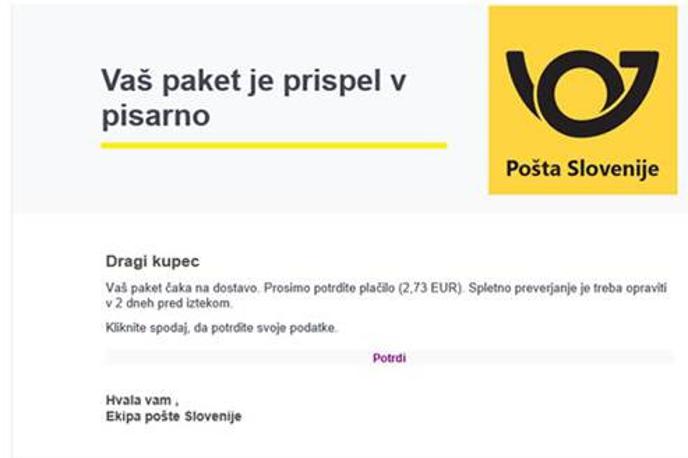 Pošta Slovenije prevara | Primer lažnega elektronskega sporočila.  | Foto Pošta Slovenije