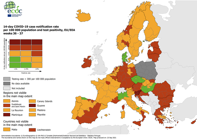 Slovenija je po podatkih Evropskega centra za preprečevanje in obvladovanje bolezni (ECDC), ki je objavil osvežen zemljevid, obarvana temnordeče in ima najslabšo epidemiološko sliko med analiziranimi državami. | Foto: ecdc.europa.eu