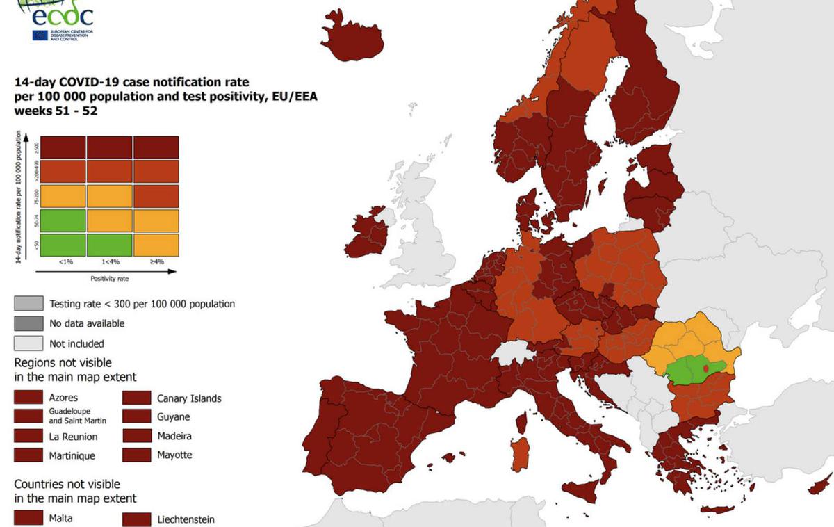 ECDC | Večina Evrope je še vedno obarvana temno rdeče ali rdeče.  | Foto STA