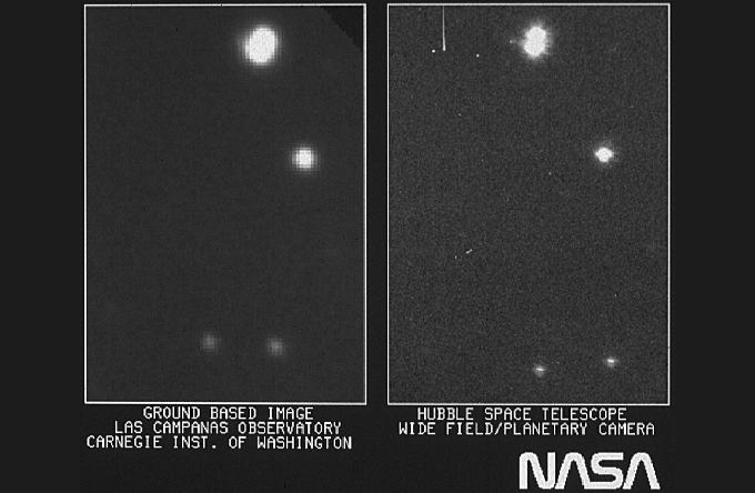 Na desni je čisto prva fotografija vesolja, ki jo je maja 1990 na Zemljo poslal vesoljski teleskop Hubble. Čeprav je ločljivost fotografije močno trpela zaradi okvare glavnega Hubblovega ogledala, je bila kljub temu bistveno kakovostnejša od fotografije istega dela neba, ki so jo posneli v observatoriju Las Campanas v Čilu, torej na Zemlji. | Foto: NASA