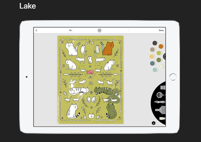 Lake oziroma Lake Coloring je digitalna pobarvanka, ki po besedah razvijalcev uporabnikom ponuja zelo dober način za sprostitev. Aplikacija deluje tako, da uporabnik pobarvanko kupi in s tem finančno podpre umetnika, ki jo je zasnoval, nato pa z drsenjem po zaslonu barva sliko. Aplikacija Lake je slovenskega porekla, v začetku meseca junija pa je prejela celo prestižno Applovo nagrado za najboljši dizajn. Za zdaj je na voljo samo za pametne telefone iPhone in tablice iPad.  | Foto: Apple